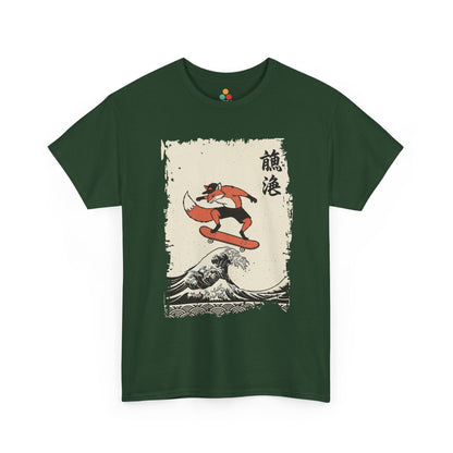 Skater Fox graphic Green tee featuring a fox skateboarding on the Great Wave off Kanagawa.​

