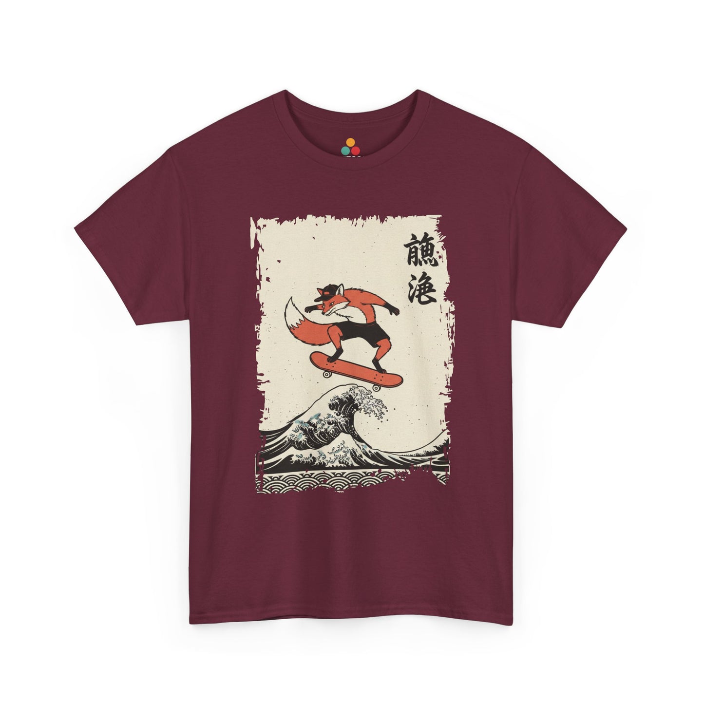 Skater Fox graphic Maroon tee featuring a fox skateboarding on the Great Wave off Kanagawa.​

