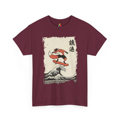 Skater Fox graphic Maroon tee featuring a fox skateboarding on the Great Wave off Kanagawa.​

