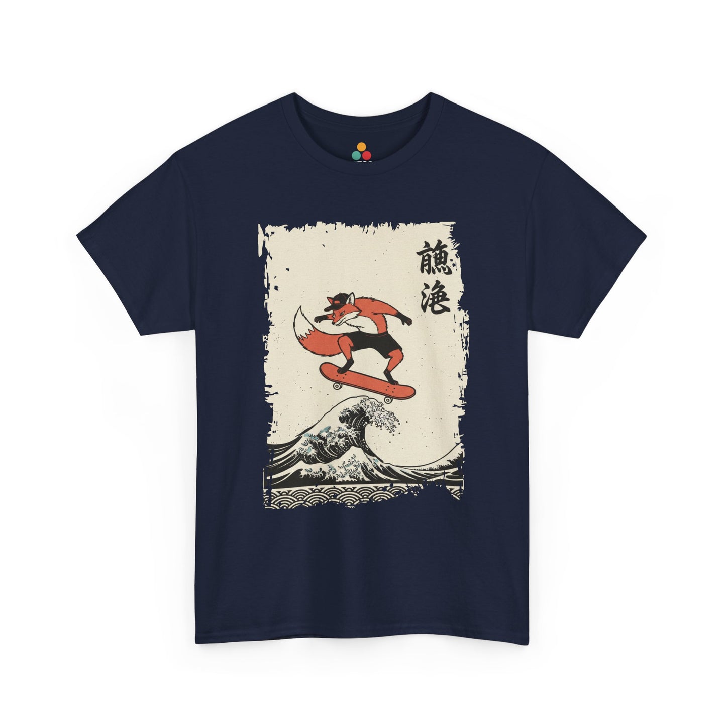Skater Fox graphic Navy Blue  tee shirt featuring a fox skateboarding on the Great Wave off Kanagawa.​

