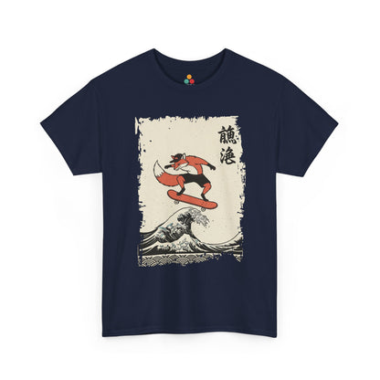 Skater Fox graphic Navy Blue  tee shirt featuring a fox skateboarding on the Great Wave off Kanagawa.​

