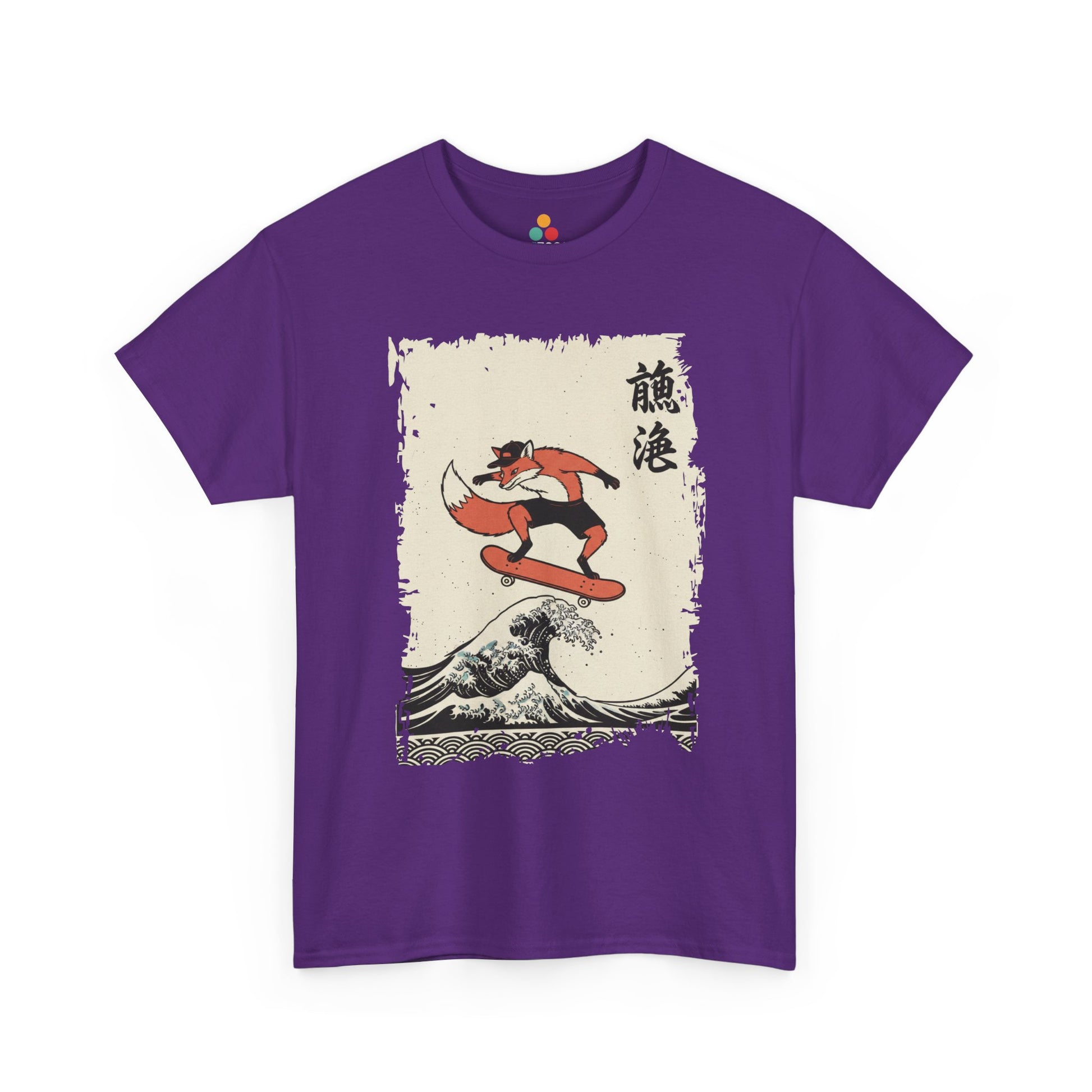 Skater Fox graphic Purple  tee shirt featuring a fox skateboarding on the Great Wave off Kanagawa.​

