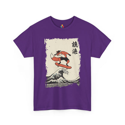 Skater Fox graphic Purple  tee shirt featuring a fox skateboarding on the Great Wave off Kanagawa.​

