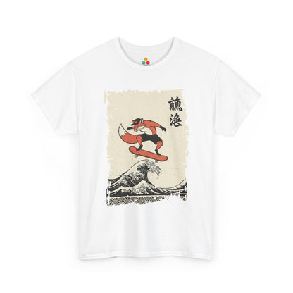 Skater Fox graphic White tee featuring a fox skateboarding on the Great Wave off Kanagawa.​

