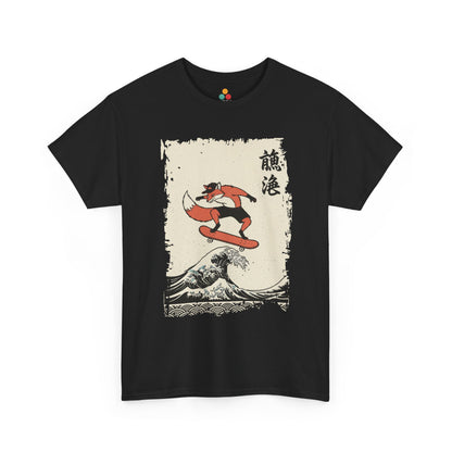 Skater Fox graphic tee featuring a fox skateboarding on the Great Wave off Kanagawa.​

