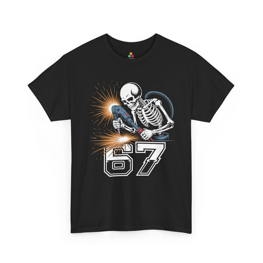 Skeleton Welder 67 Graphic Unisex T-shirt Streetwear Style | TEEZOCA skeleton welder 67 graphic Unisex T-shirt bold industrial streetwear design