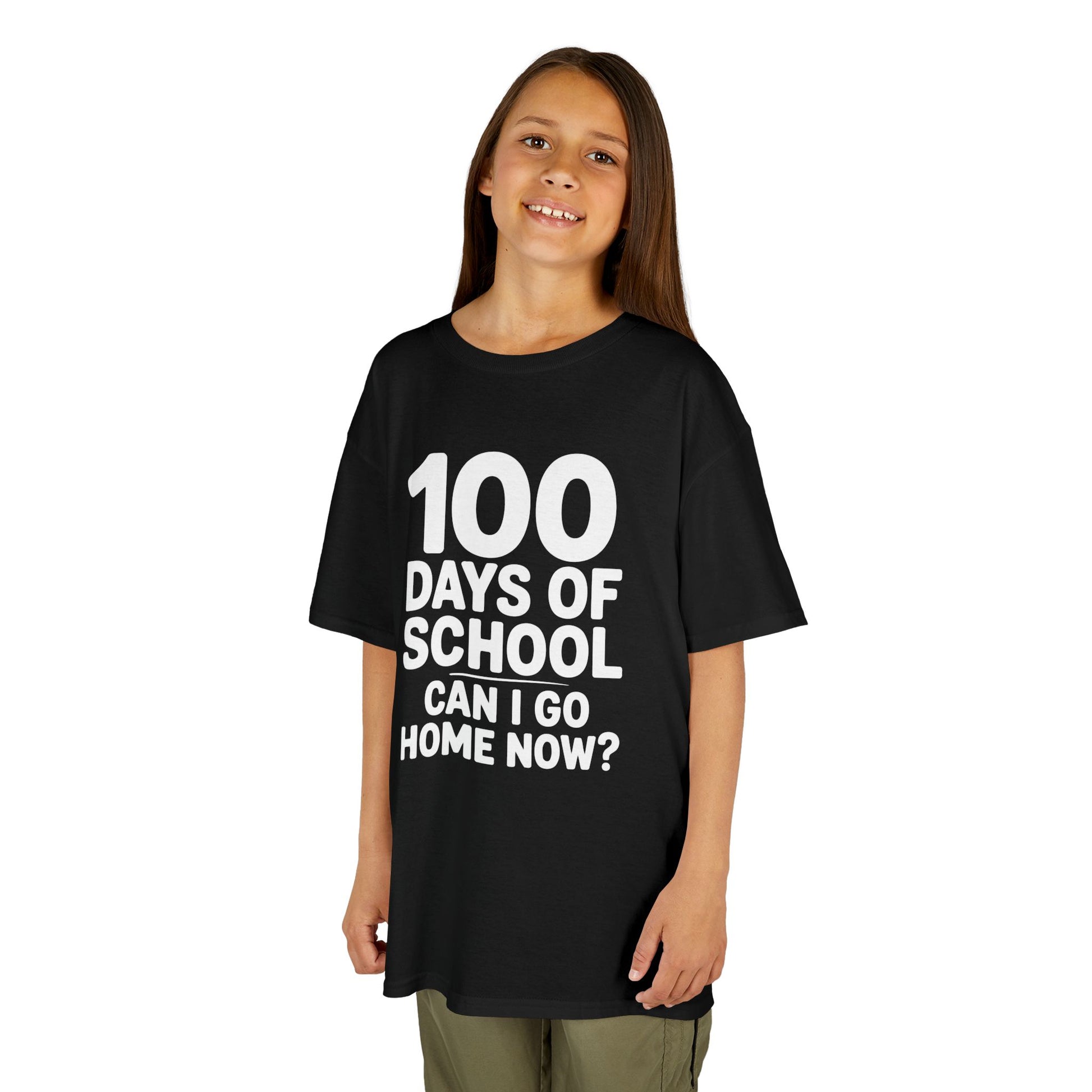 Smiling Girl wearing a black TEEZOCA “100 Days Of School Can I Go Home Now?” kids t‑shirt.