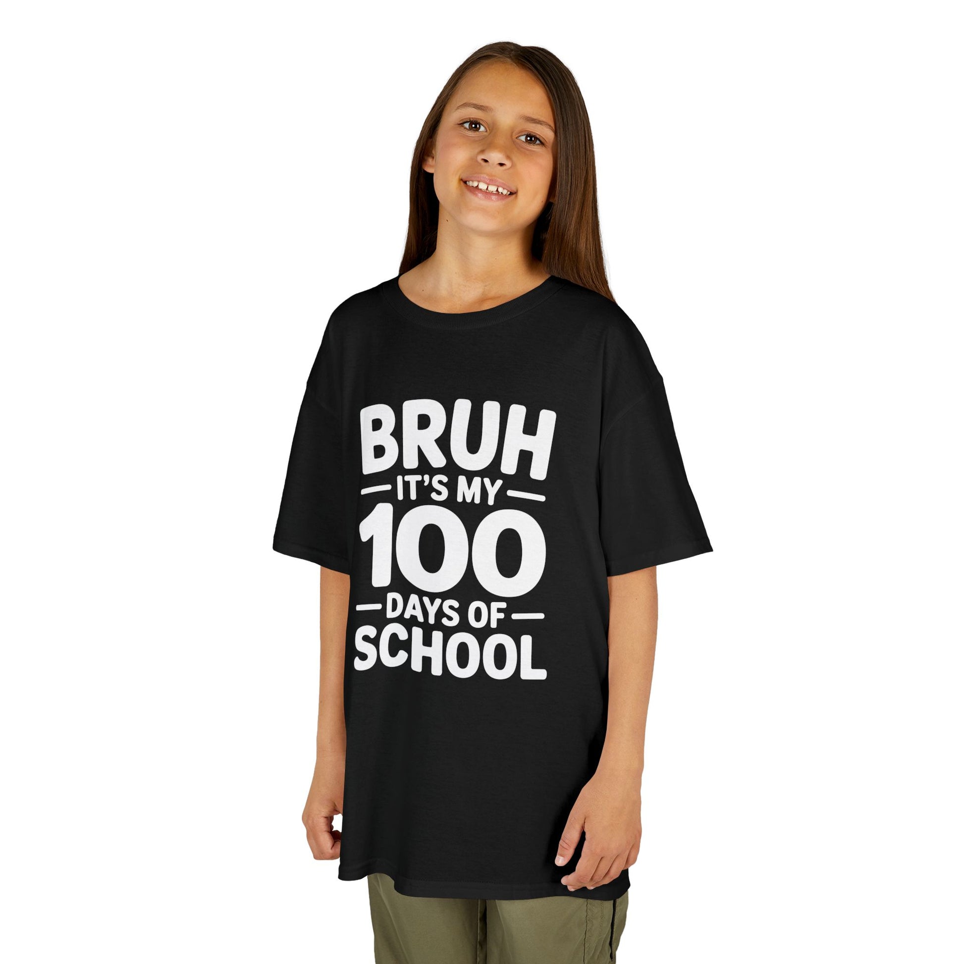 Smiling girl wearing a black TEEZOCA “Bruh It’s My 100 Days Of School” kids t‑shirt.