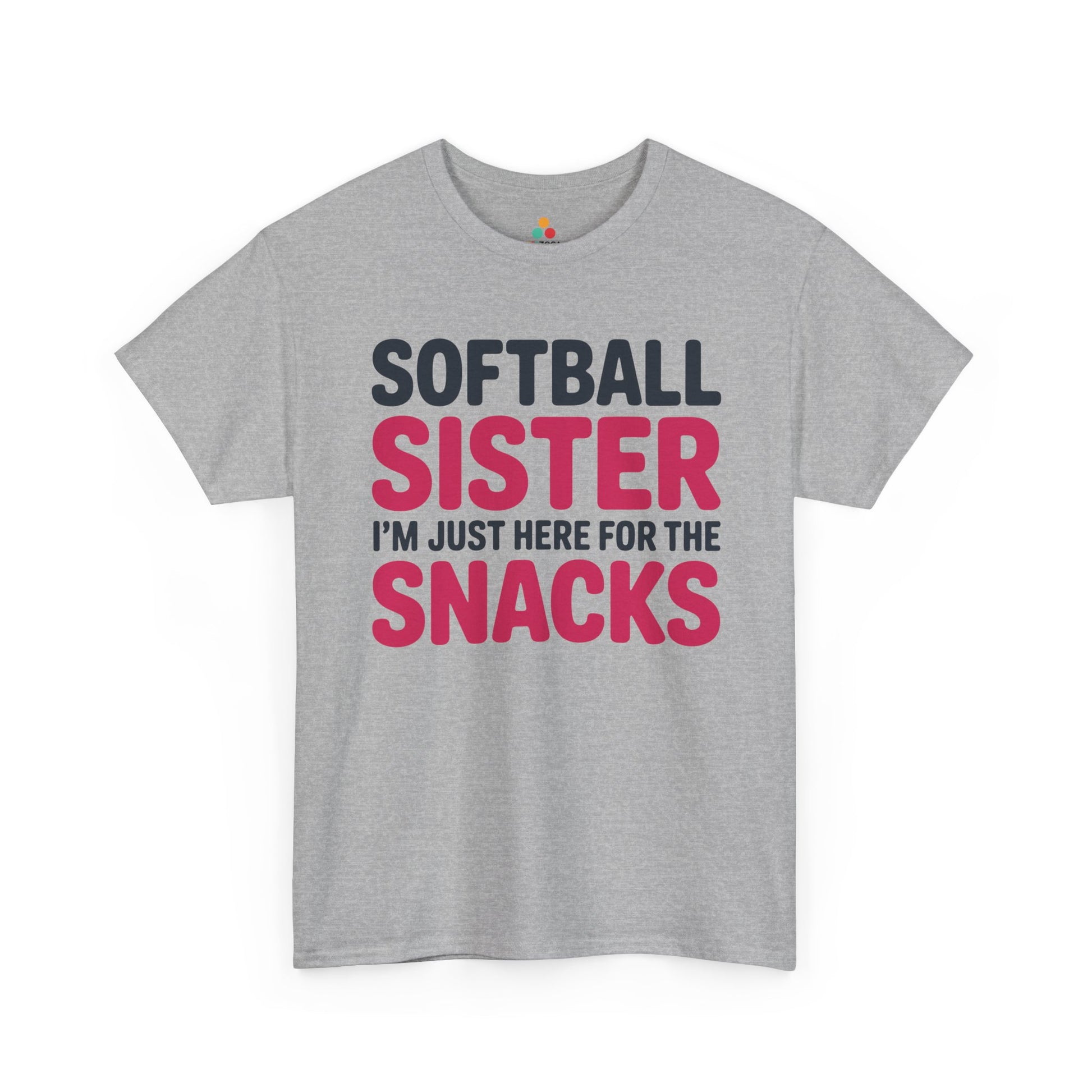 Softball sister shirt by TEEZOCA with I’m Just Here For The Snacks text for game day sisters.
