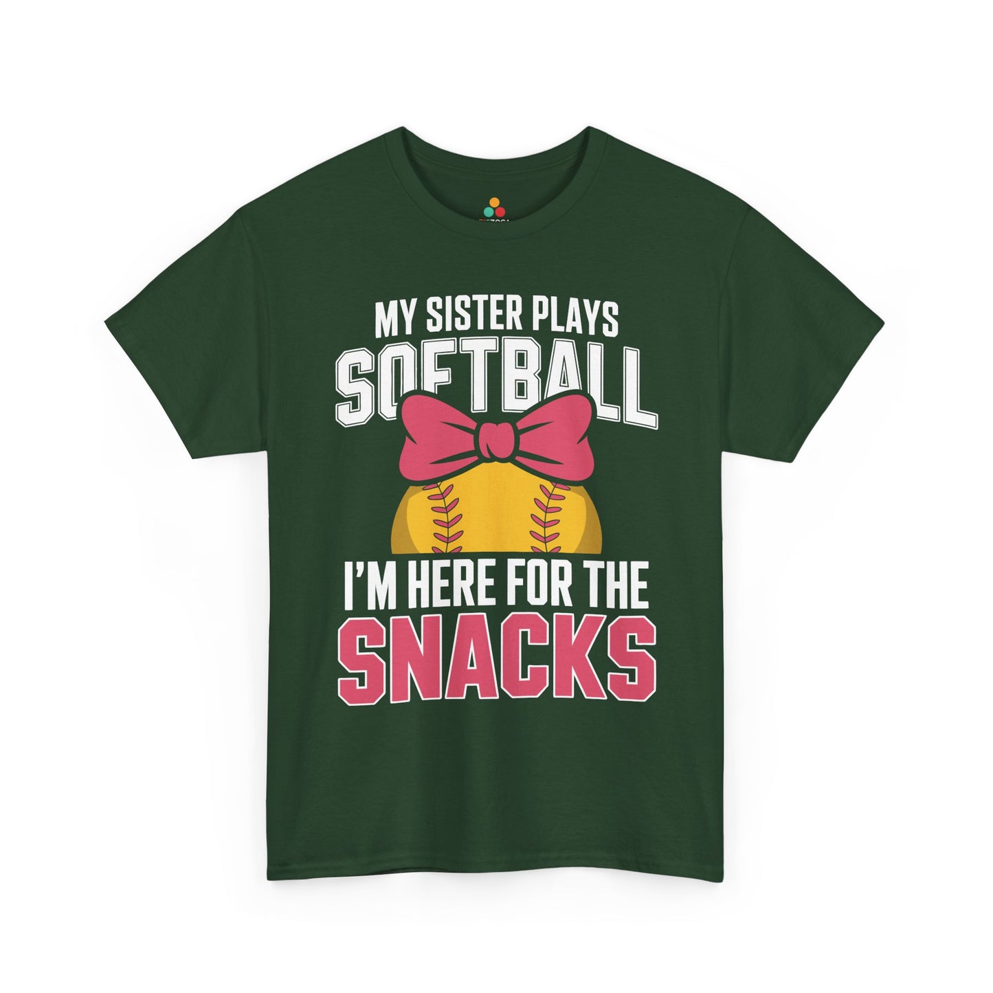 Softball sister shirt by TEEZOCA with bold game-day lettering and I’m Here For The Snacks message.
