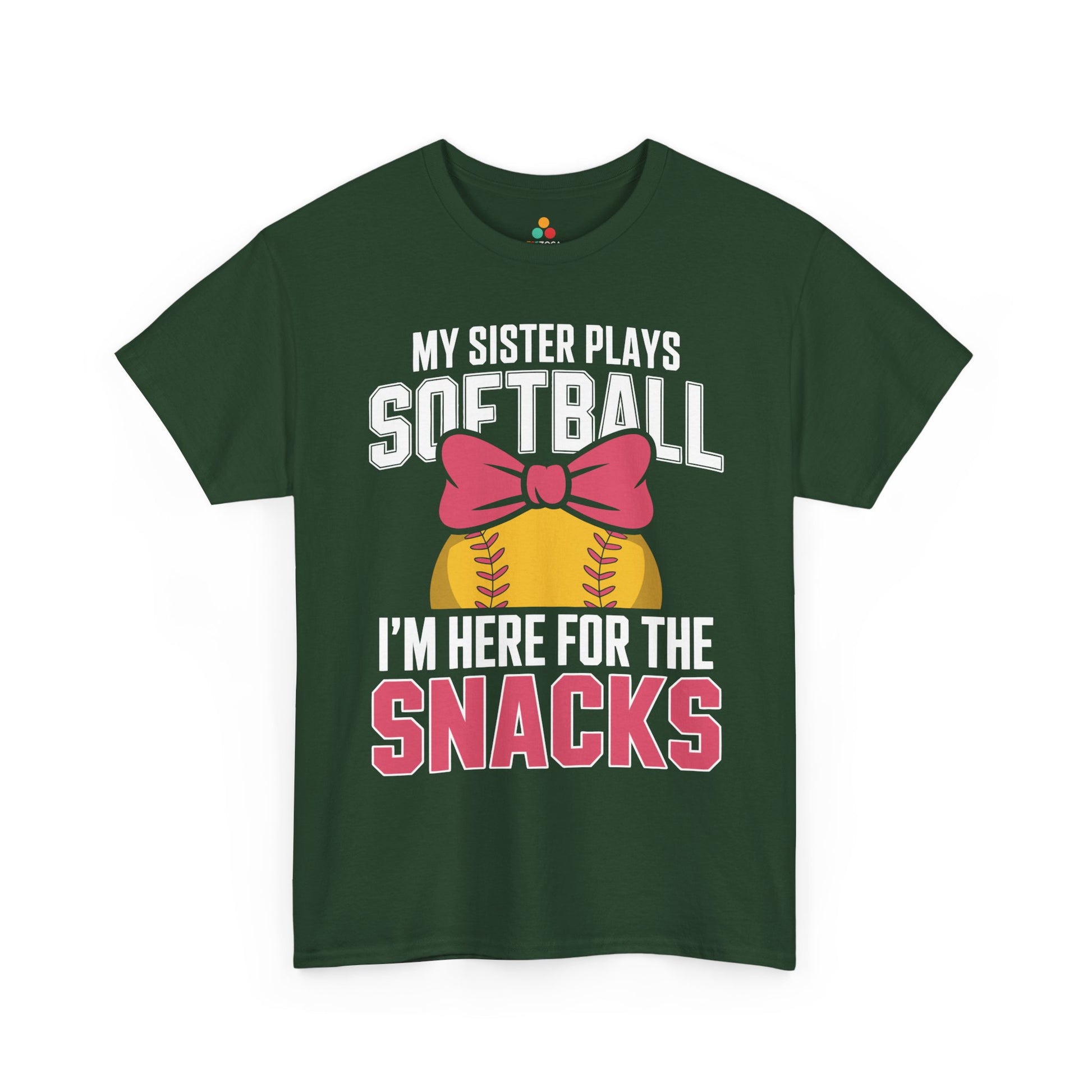 Softball sister shirt by TEEZOCA with bold game-day lettering and I’m Here For The Snacks message.
