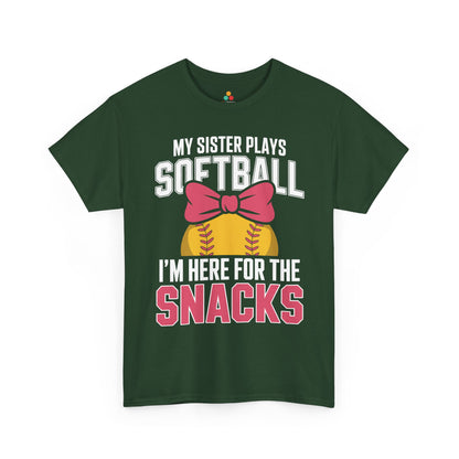 Softball sister shirt by TEEZOCA with bold game-day lettering and I’m Here For The Snacks message.
