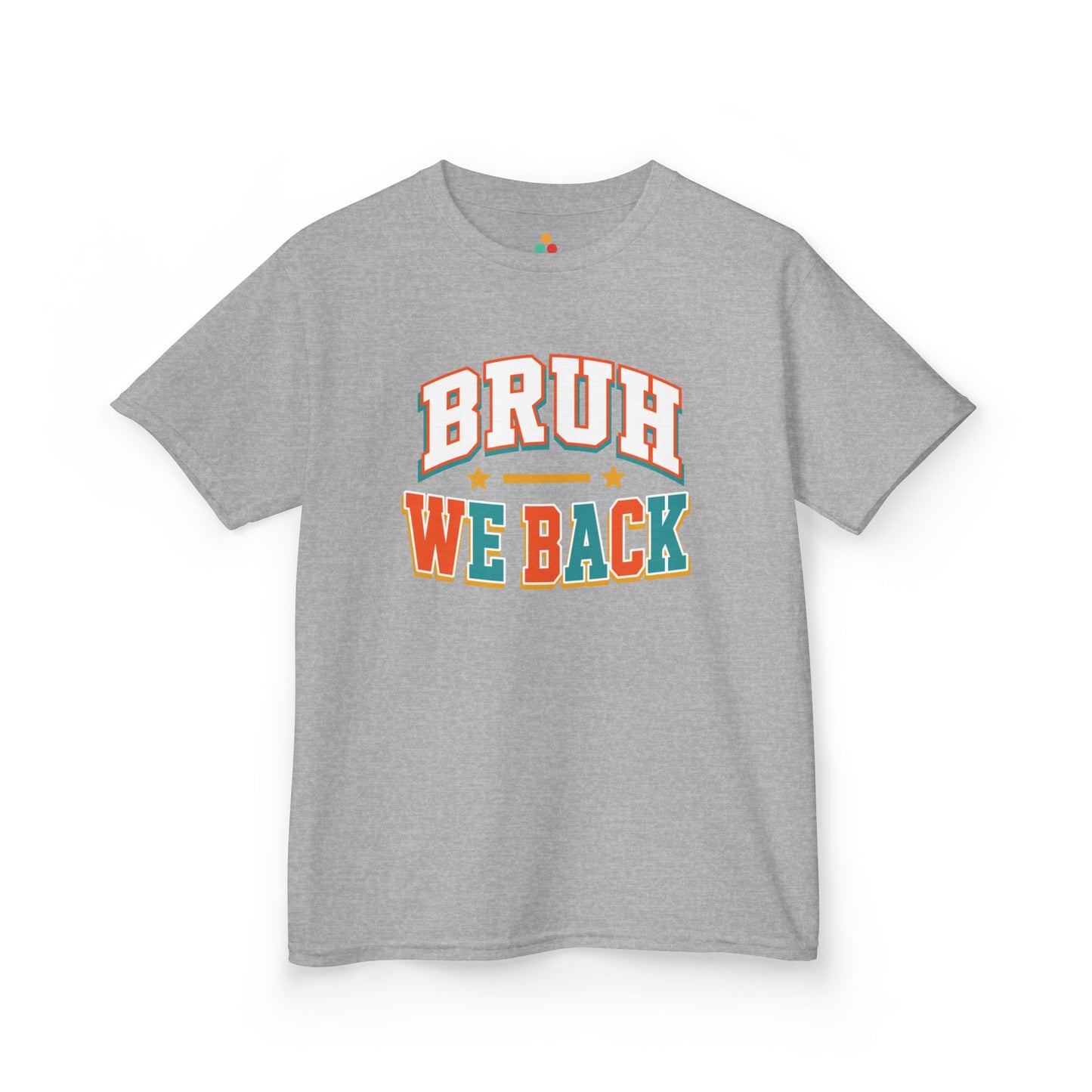 Sport grey TEEZOCA Bruh We Back kids shirt, a funny varsity back to school tee for the first day.
