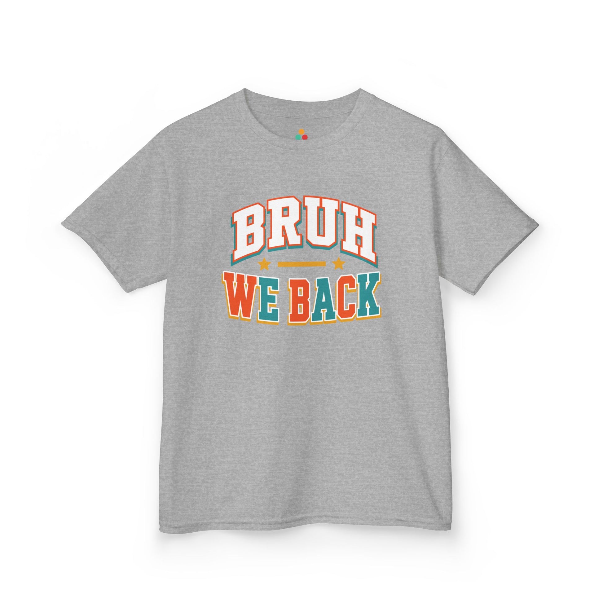 Sport grey TEEZOCA Bruh We Back kids shirt, a funny varsity back to school tee for the first day.
