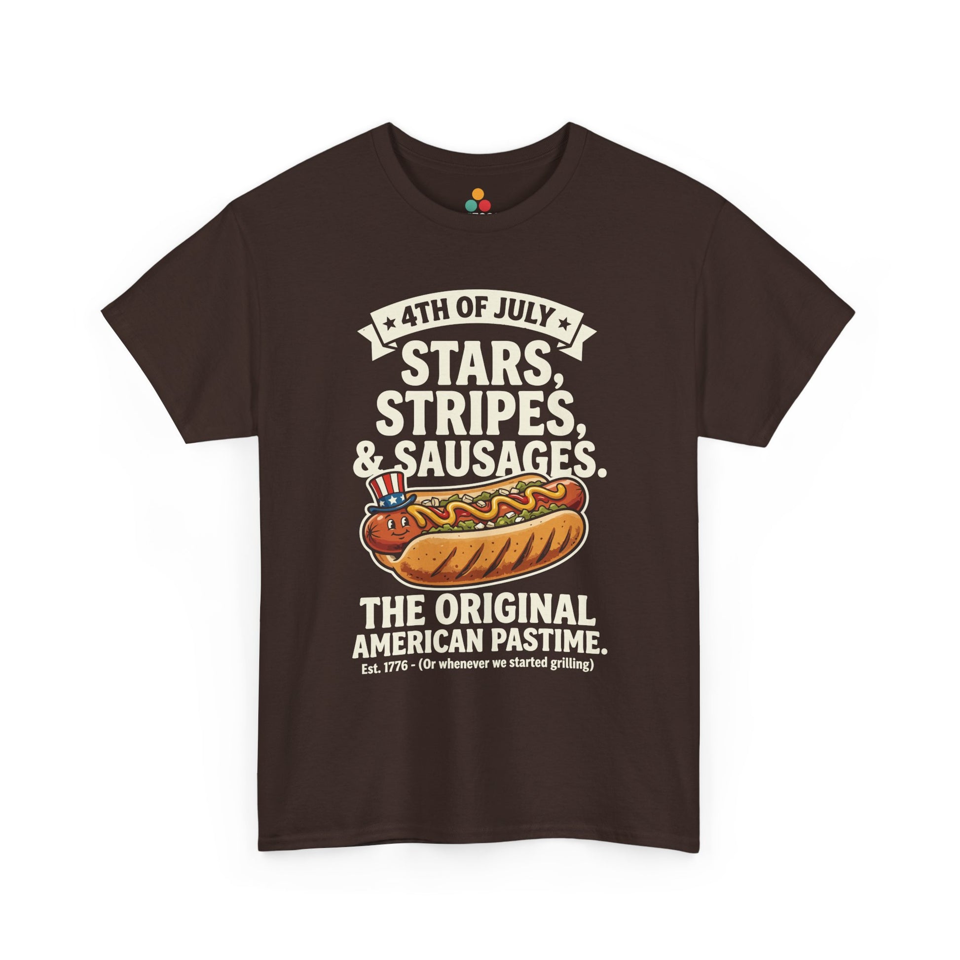 Stars Stripes Sausages Funny dark chocolate brown cotton T-Shirt – Retro Patriotic Gift for Men and Women | TEEZOCA 