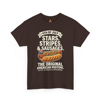 Stars Stripes Sausages Funny dark chocolate brown cotton T-Shirt – Retro Patriotic Gift for Men and Women | TEEZOCA 