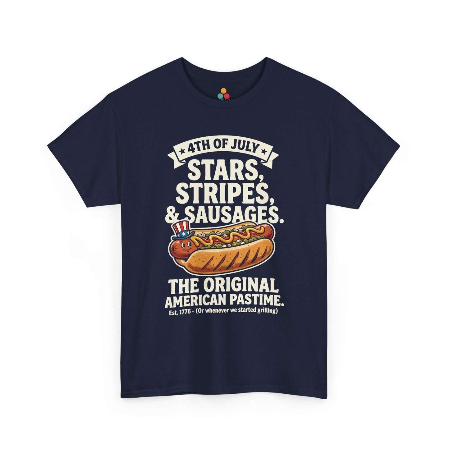 Stars Stripes Sausages Funny navy blue T-Shirt – Retro Patriotic Gift for Men and Women | TEEZOCA 