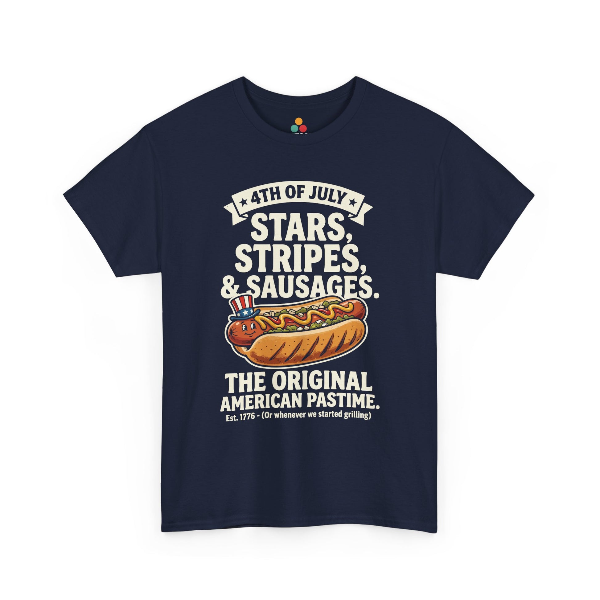 Stars Stripes Sausages Funny navy blue T-Shirt – Retro Patriotic Gift for Men and Women | TEEZOCA 