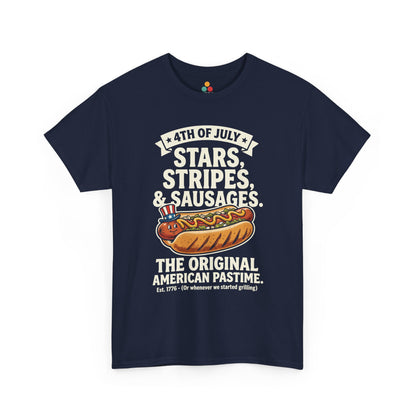 Stars Stripes Sausages Funny navy blue T-Shirt – Retro Patriotic Gift for Men and Women | TEEZOCA 