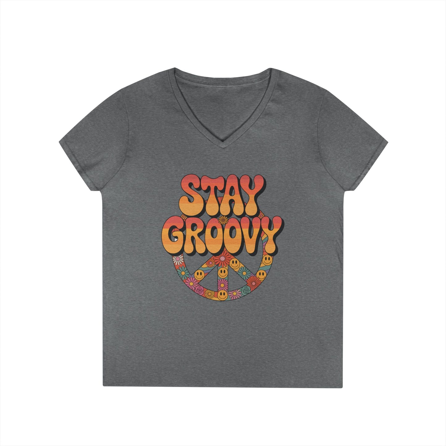 Stay Groovy Retro Peace Sign V-Neck T-Shirt for Women | TEEZOCA 