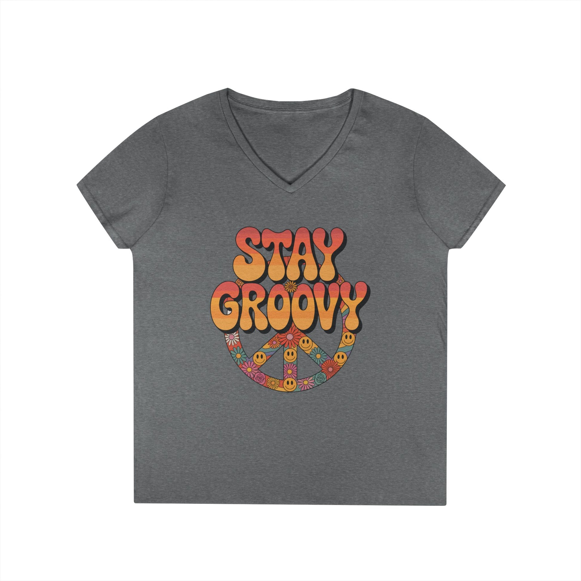 Stay Groovy Retro Peace Sign V-Neck T-Shirt for Women | TEEZOCA 
