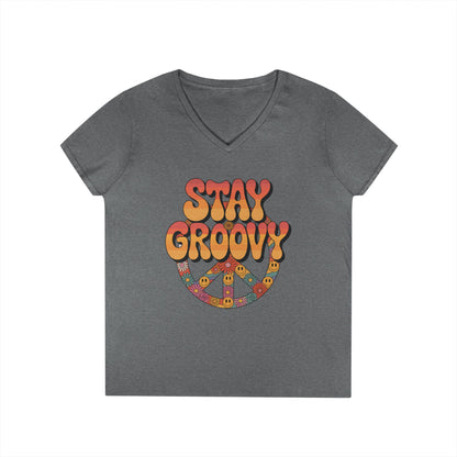 Stay Groovy Retro Peace Sign V-Neck T-Shirt for Women | TEEZOCA 