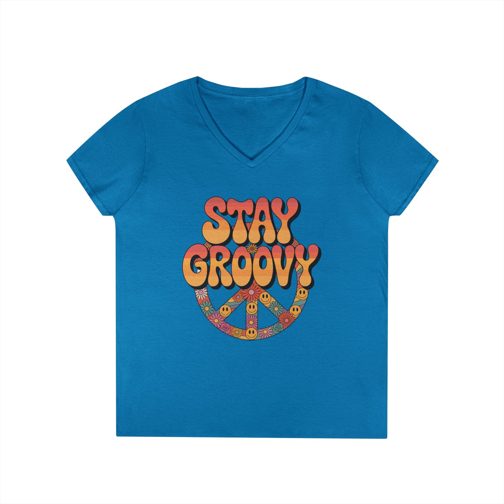 Stay Groovy Retro Peace Sign V-Neck T-Shirt for Women | TEEZOCA 
