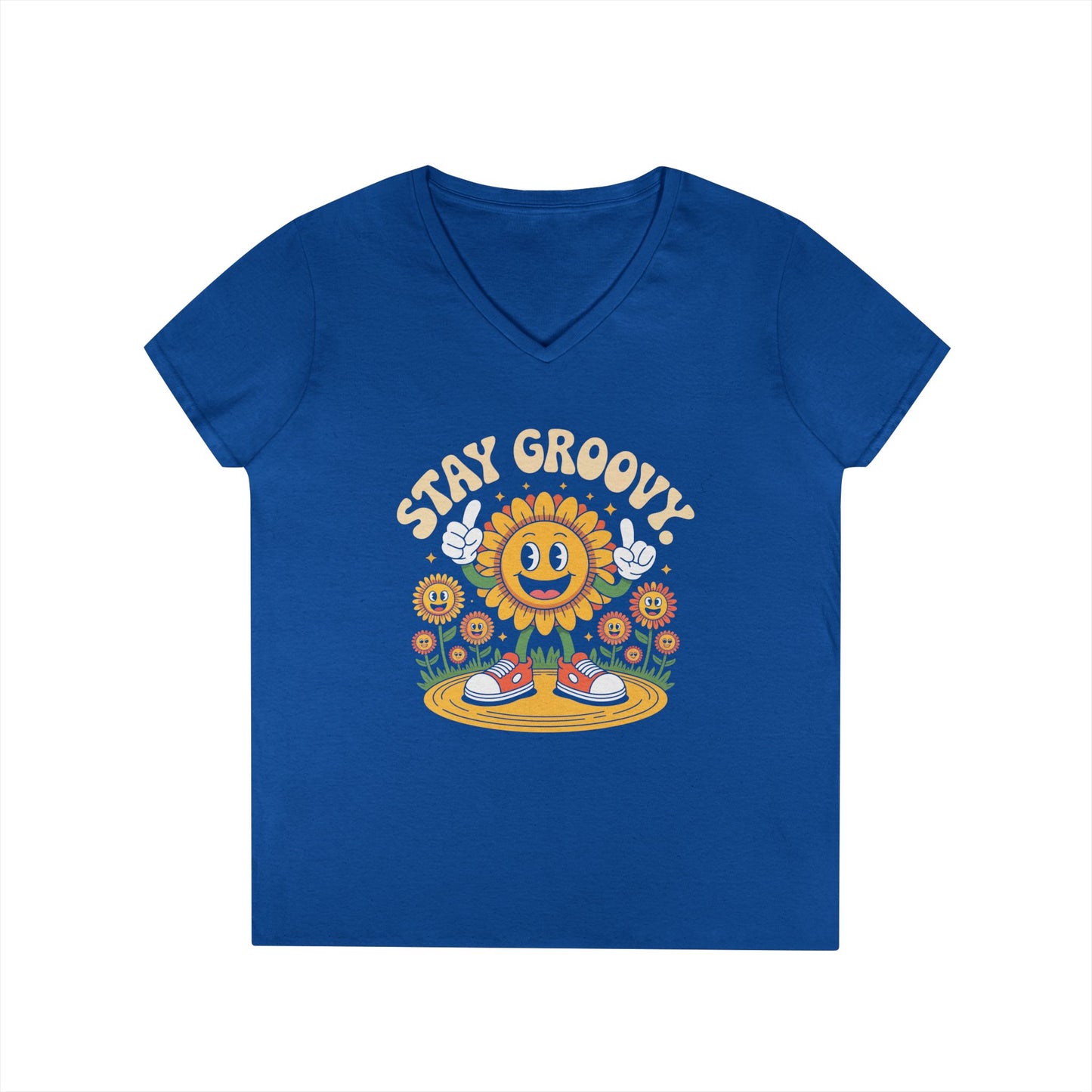 Stay Groovy Smiling Sunflower Graphic V-Neck T-Shirt for Women | TEEZOCA 