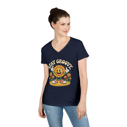 Stay Groovy Smiling Sunflower Graphic V-Neck T-Shirt for Women | TEEZOCA 