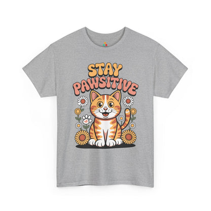 Stay Pawsitive Cat Cute Retro Kitty Graphic T‑Shirt | TEEZOCA Stay Pawsitive kitten design tee