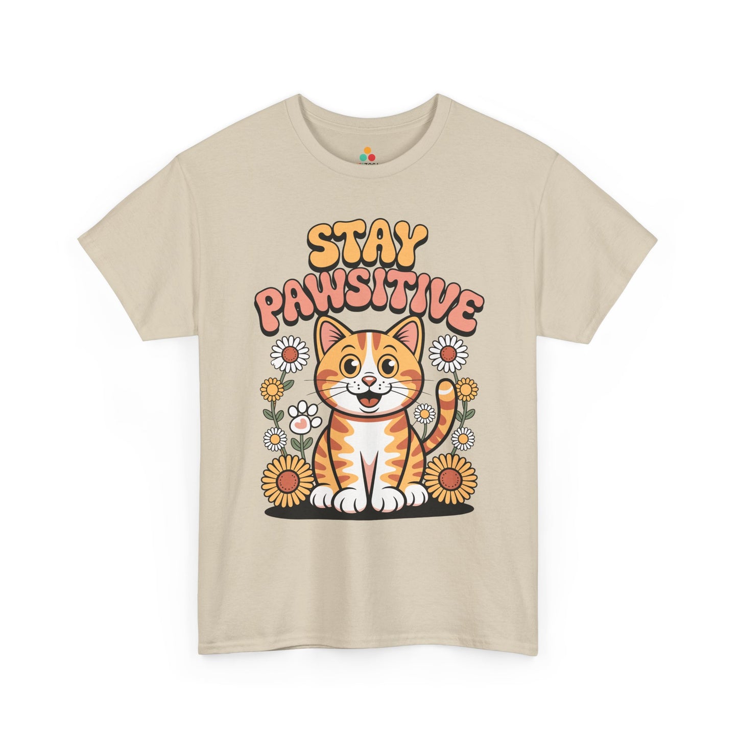 Stay Pawsitive Cat Cute Retro Kitty Graphic T‑Shirt | TEEZOCA floral cat illustration shirt