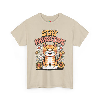 Stay Pawsitive Cat Cute Retro Kitty Graphic T‑Shirt | TEEZOCA floral cat illustration shirt
