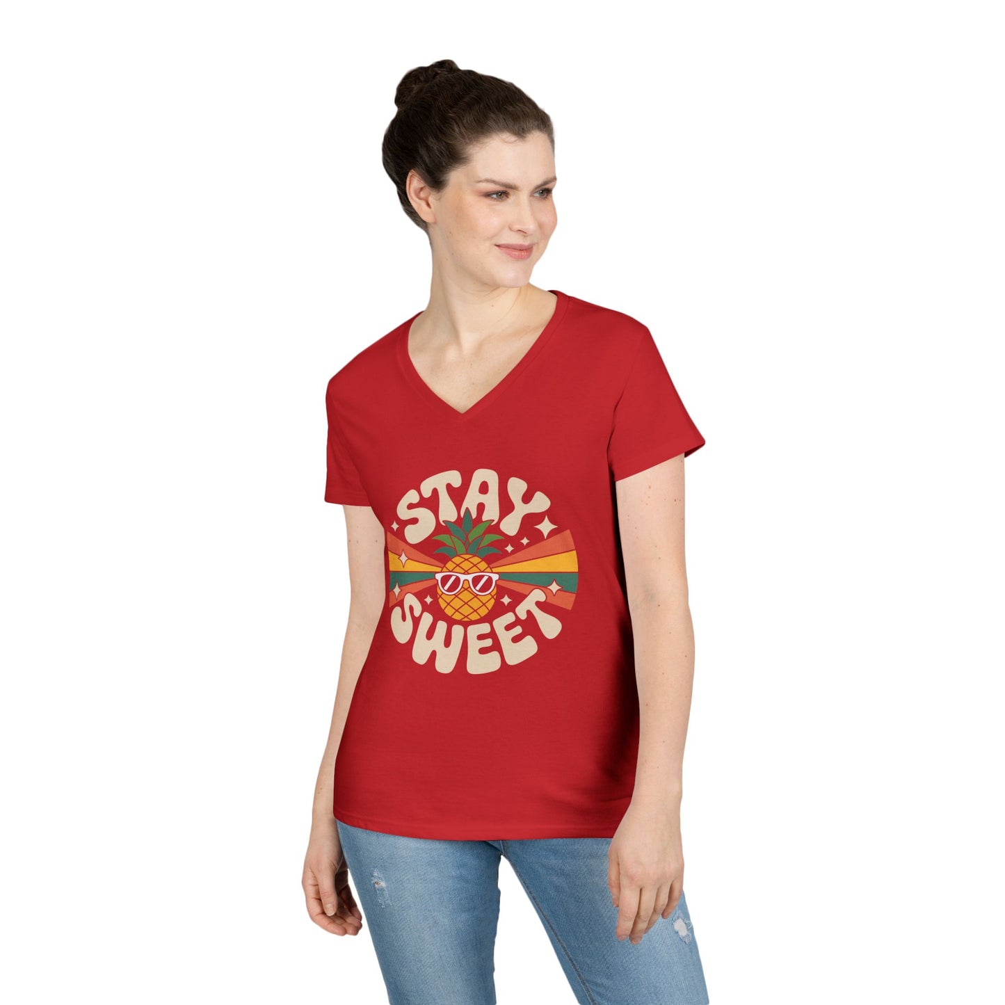 Stay Sweet Pineapple V-Neck T-Shirt for Women Retro Summer Vibes Style | TEEZOCA 