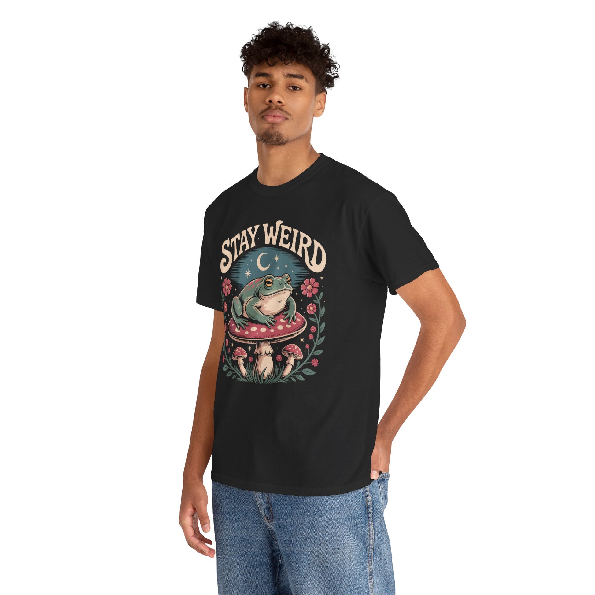 Stay Weird Frog  — Cute Retro Mushroom Graphic T-Shirt | TEEZOCA whimsical frog on mushroom design Unisex T-shirt