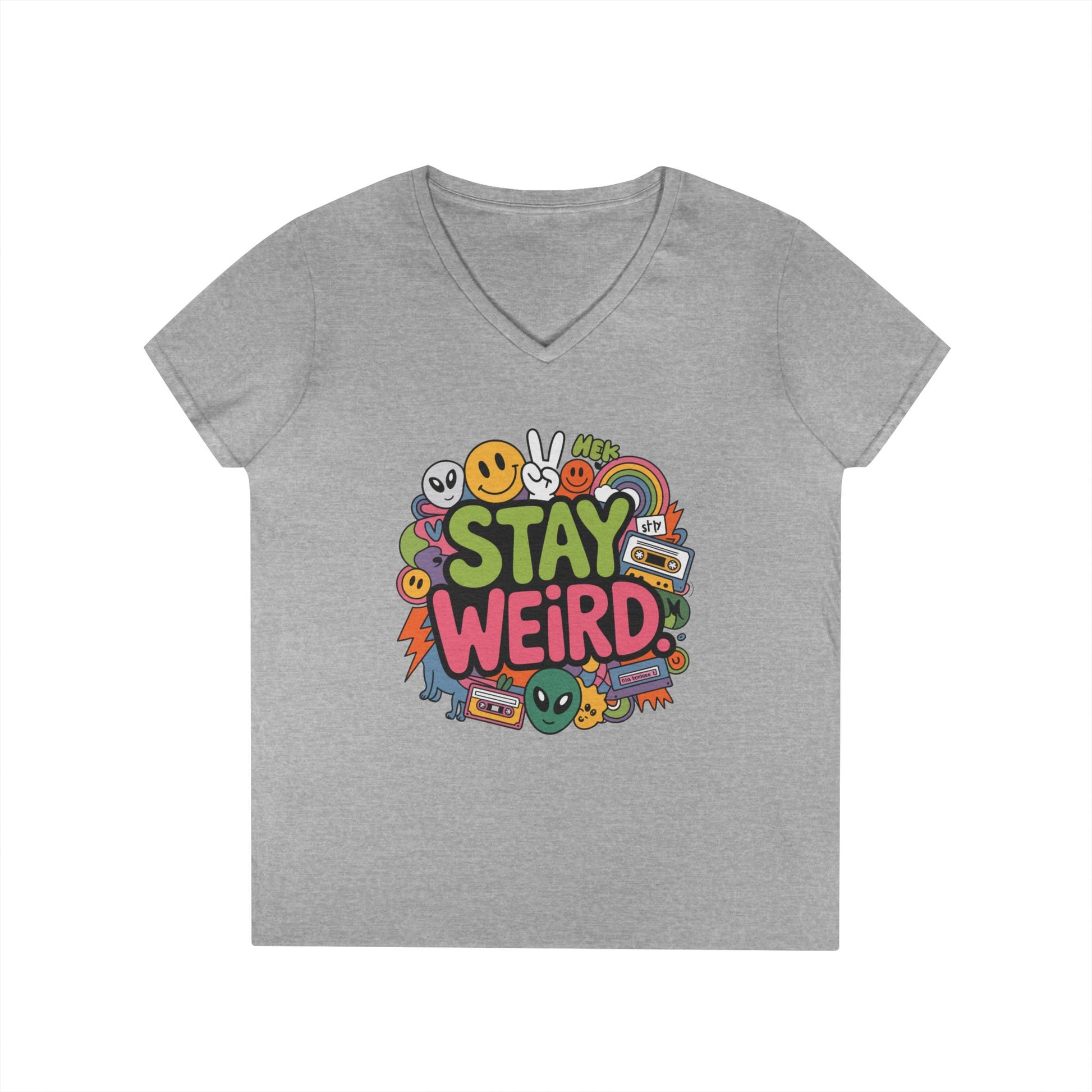 Stay Weird Retro Smiley Collage V-Neck T-Shirt for Women | TEEZOCA 