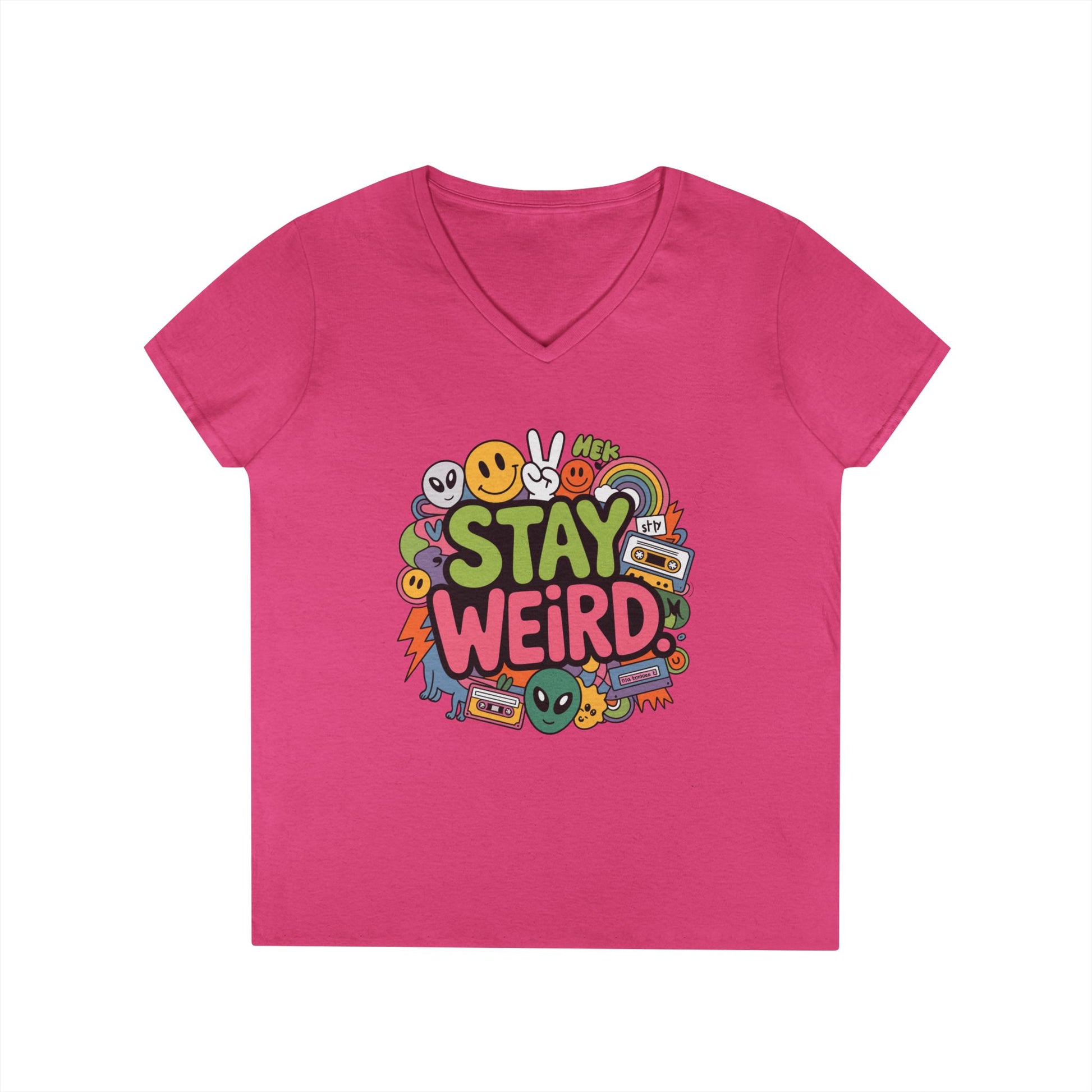 Stay Weird Retro Smiley Collage V-Neck T-Shirt for Women | TEEZOCA 