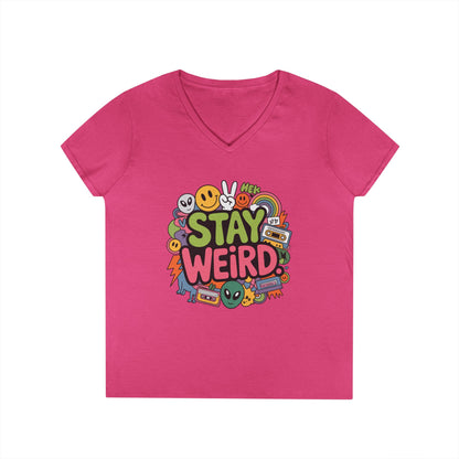 Stay Weird Retro Smiley Collage V-Neck T-Shirt for Women | TEEZOCA 