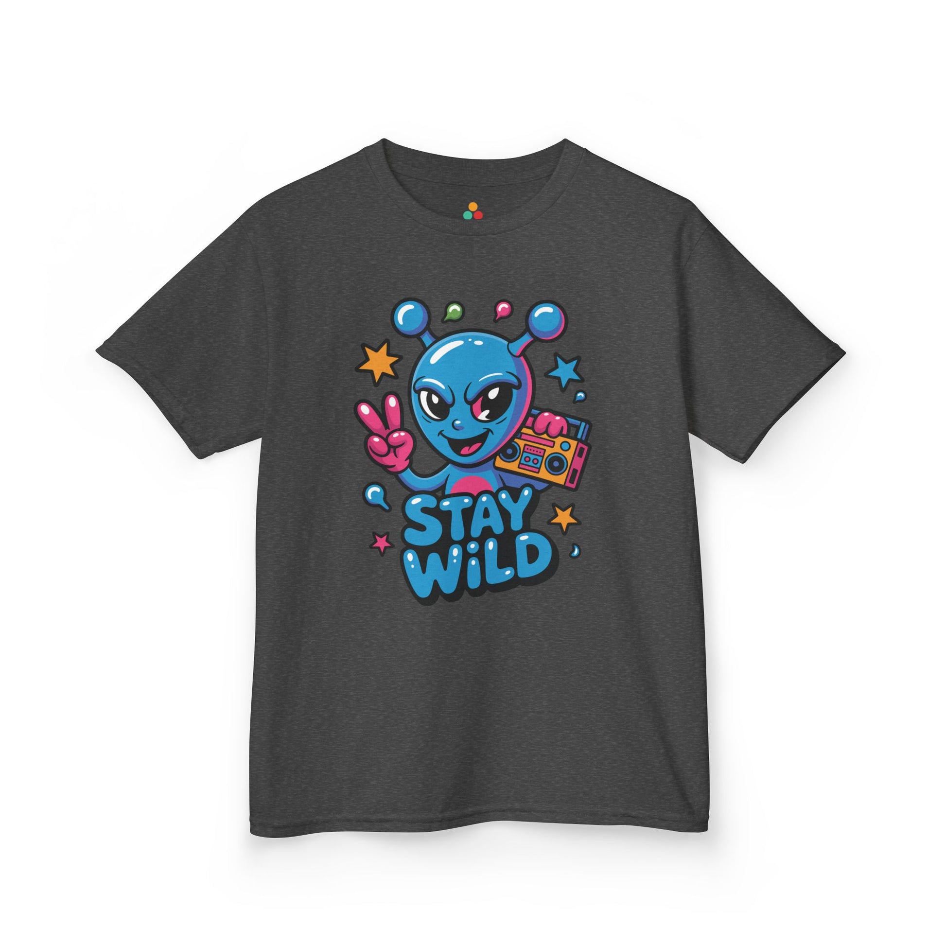 Stay Wild Alien Boombox Graphic Kids T-shirt | TEEZOCA bold Stay Wild cartoon alien Kids T-shirt