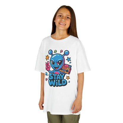 Stay Wild Alien Boombox Graphic Kids T-shirt | TEEZOCA cartoon alien with boombox Kids T-shirt