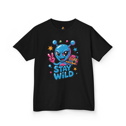 Stay Wild Alien Boombox Graphic Kids T-shirt | TEEZOCA colorful space alien Stay Wild Kids tee