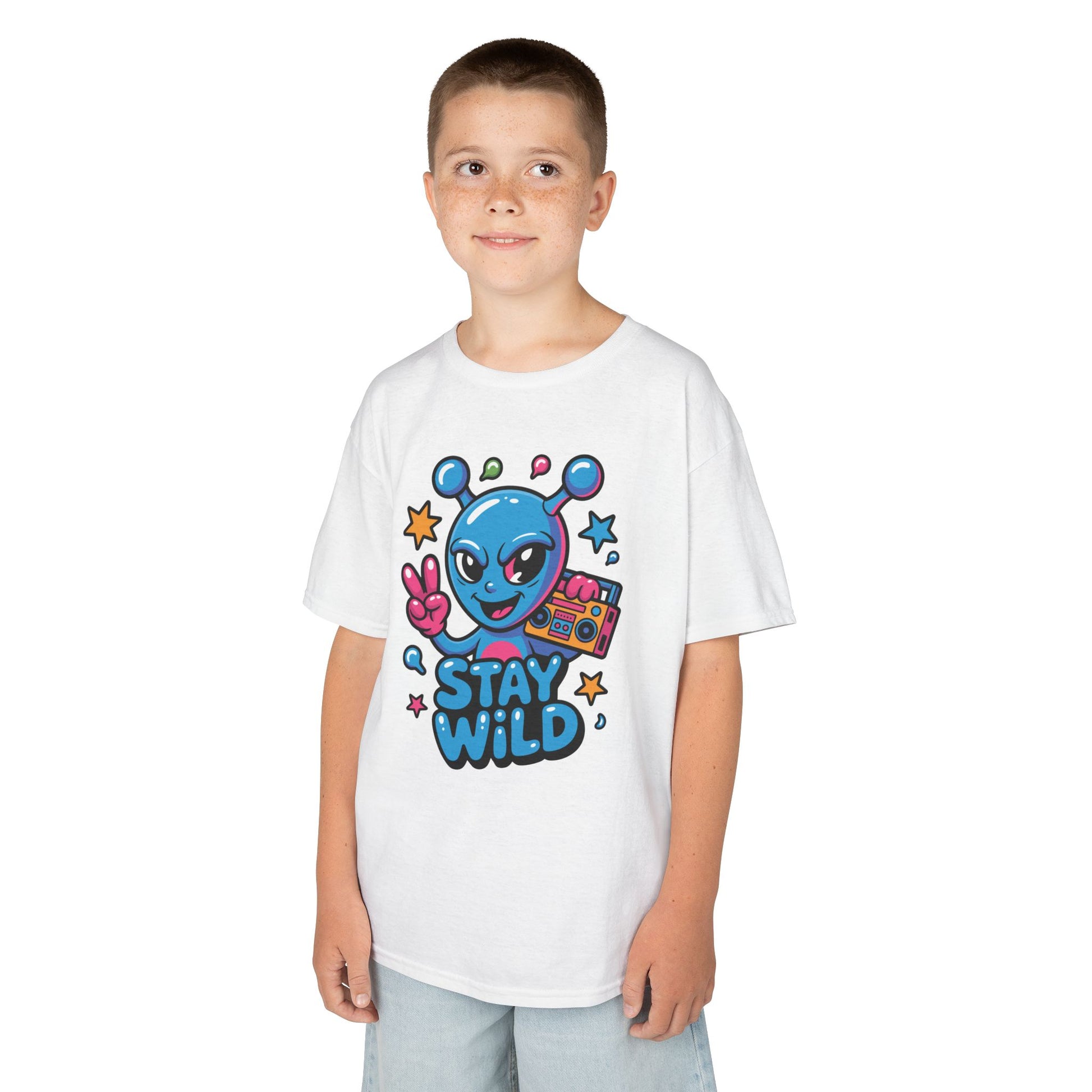 Stay Wild Alien Boombox Graphic Kids T-shirt | TEEZOCA cute blue alien peace sign Kids T-shirt