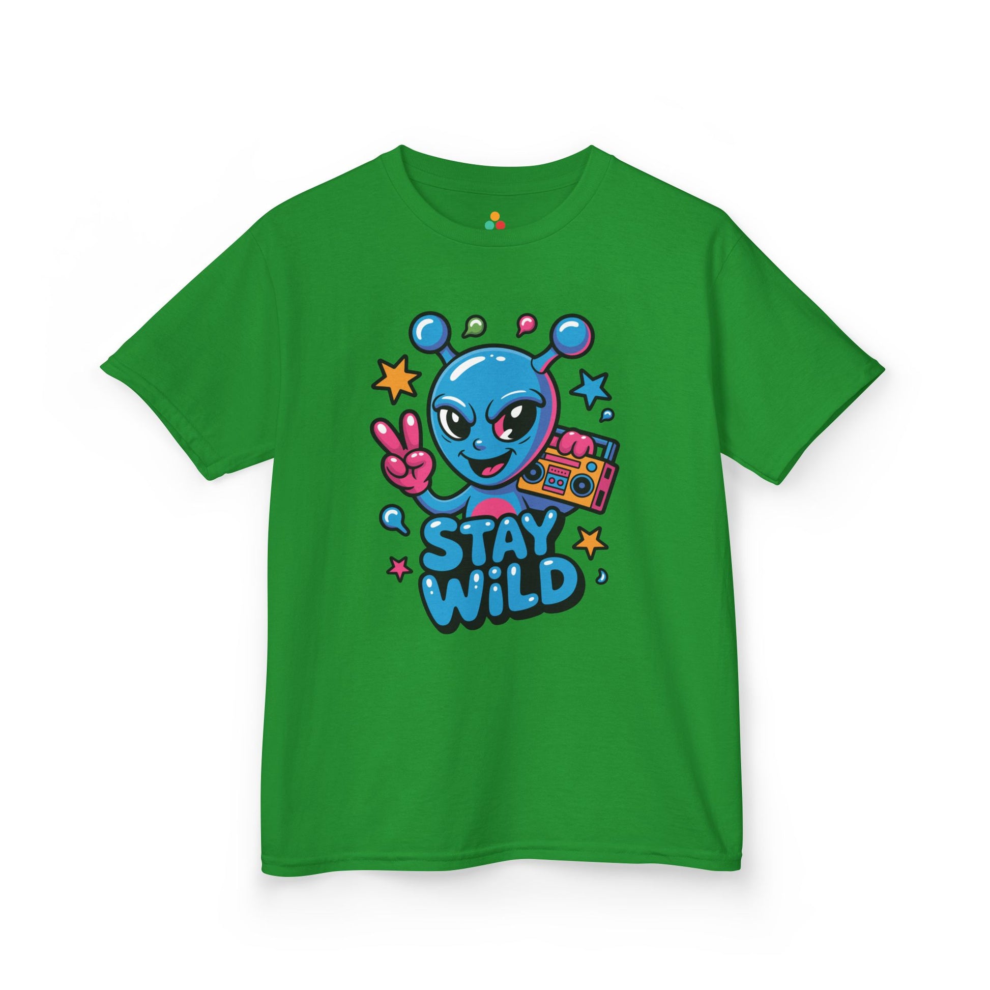 Stay Wild Alien Boombox Graphic Kids T-shirt | TEEZOCA playful music alien design Kids shirt
