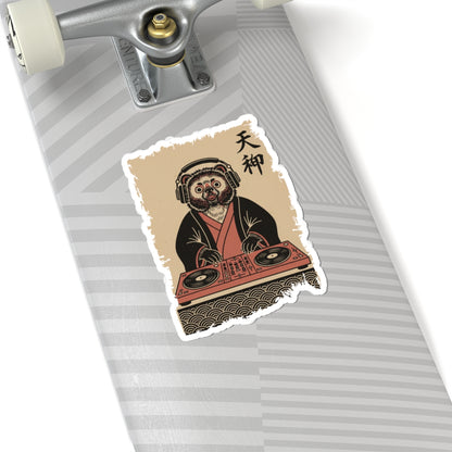 Sticker of a dog DJ on a skateboard deck
