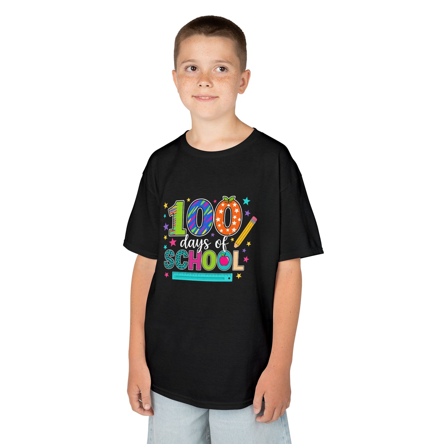 Student wearing a black TEEZOCA multicolor 100 Days of School T‑shirt.