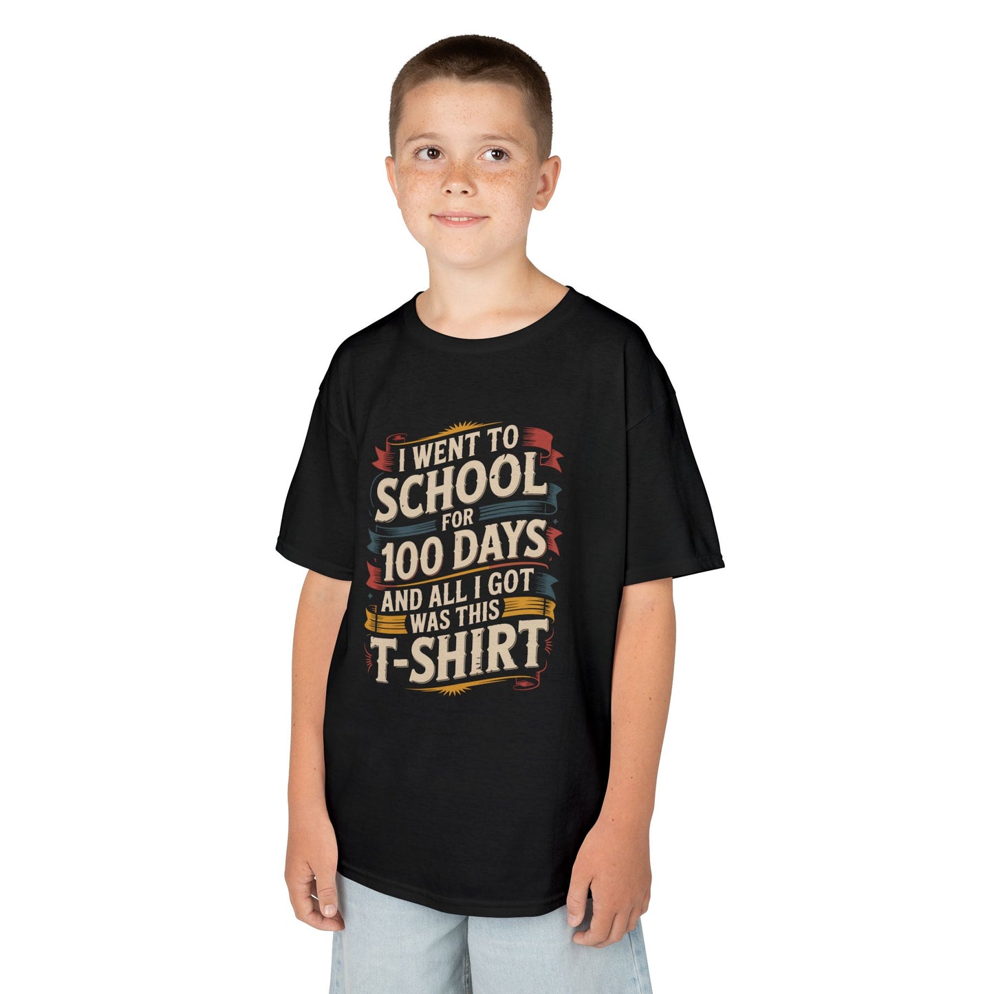 Student wearing a black TEEZOCA retro 100 days of school saying tee.