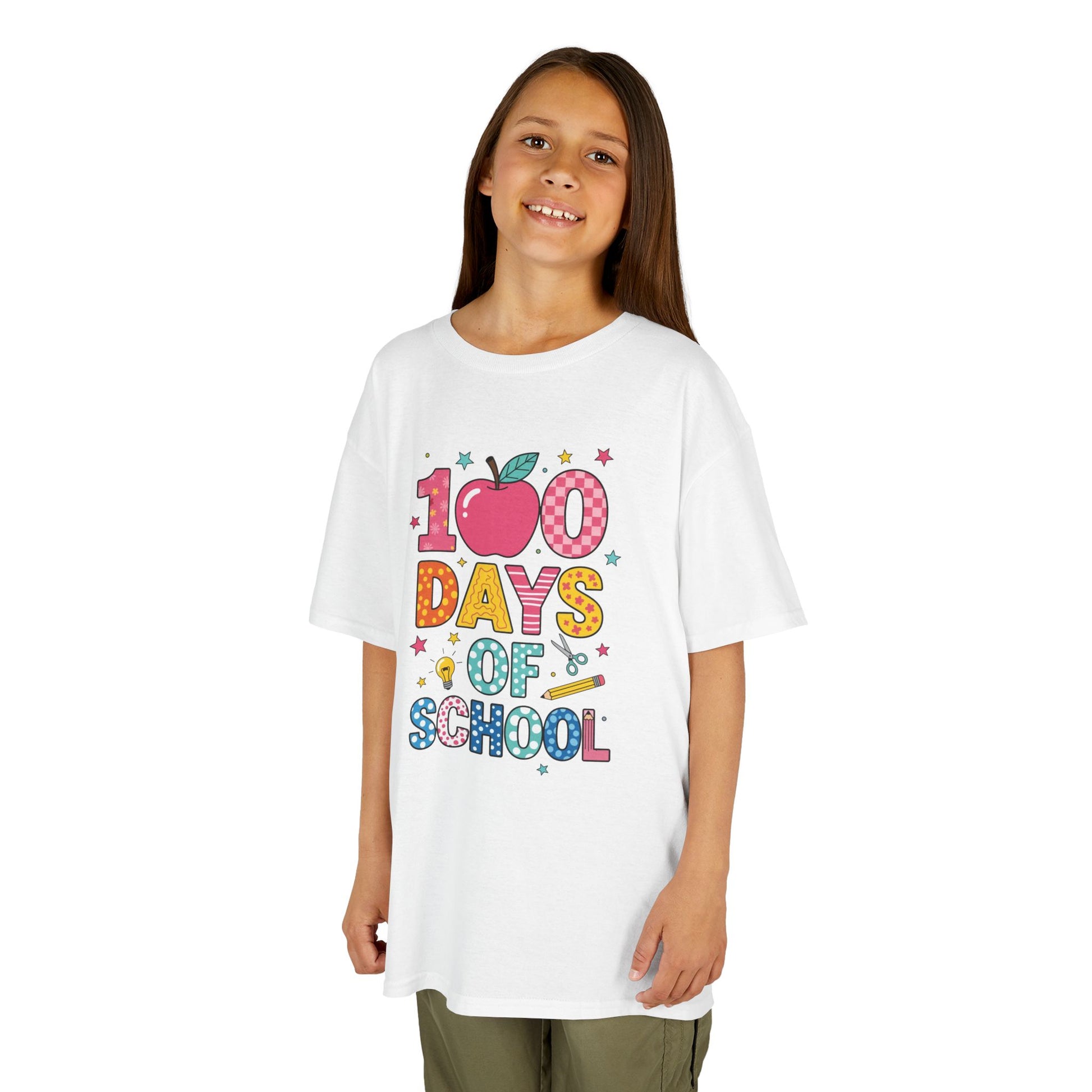 Student wearing a white TEEZOCA vibrant 100 Days of School T‑shirt.