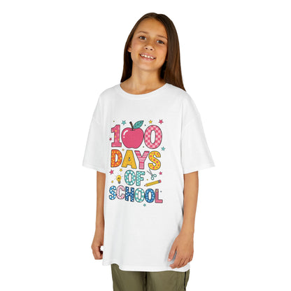 Student wearing a white TEEZOCA vibrant 100 Days of School T‑shirt.