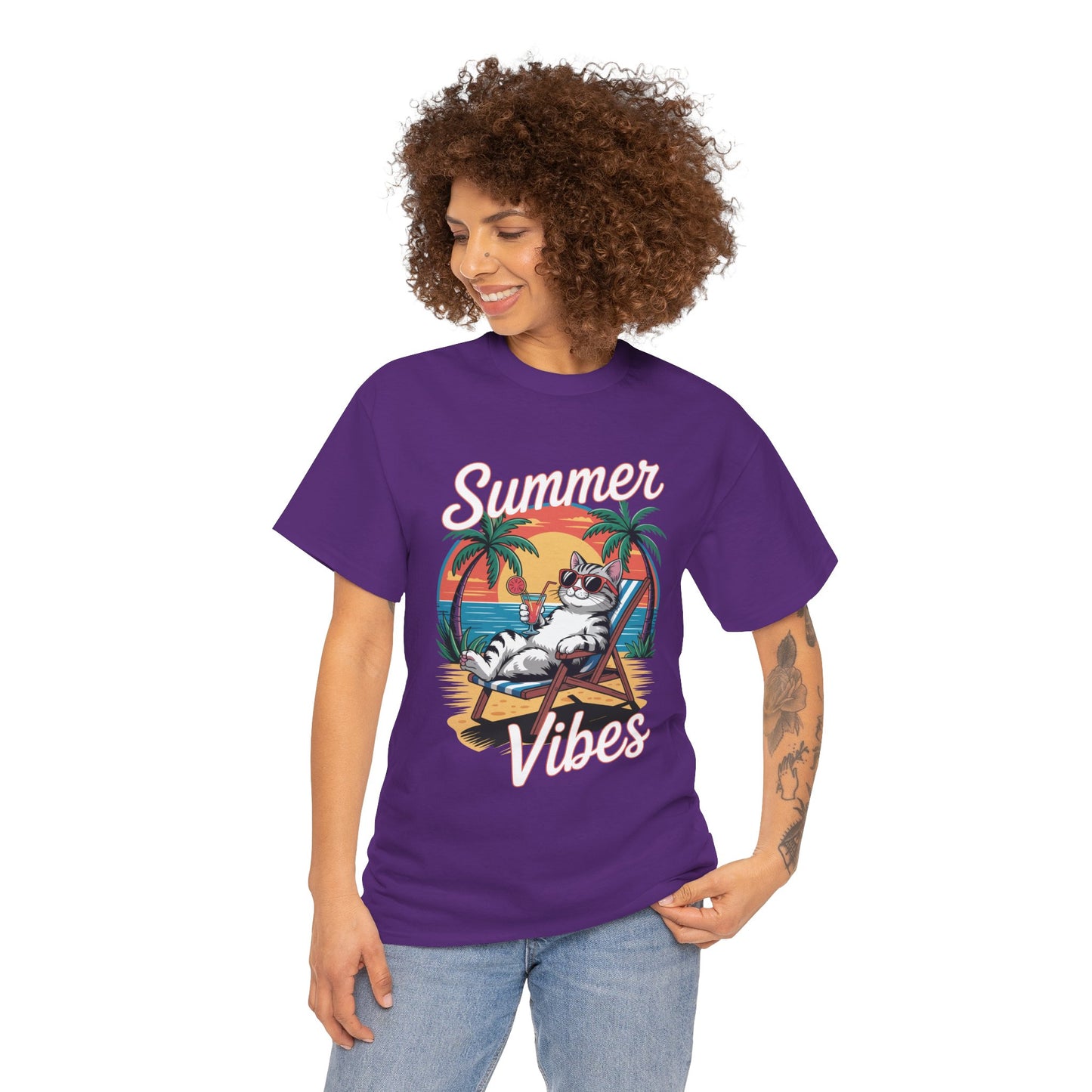 Summer Vibes Cat Graphic Unisex T-shirt for Beach Mood Style | TEEZOCA 
