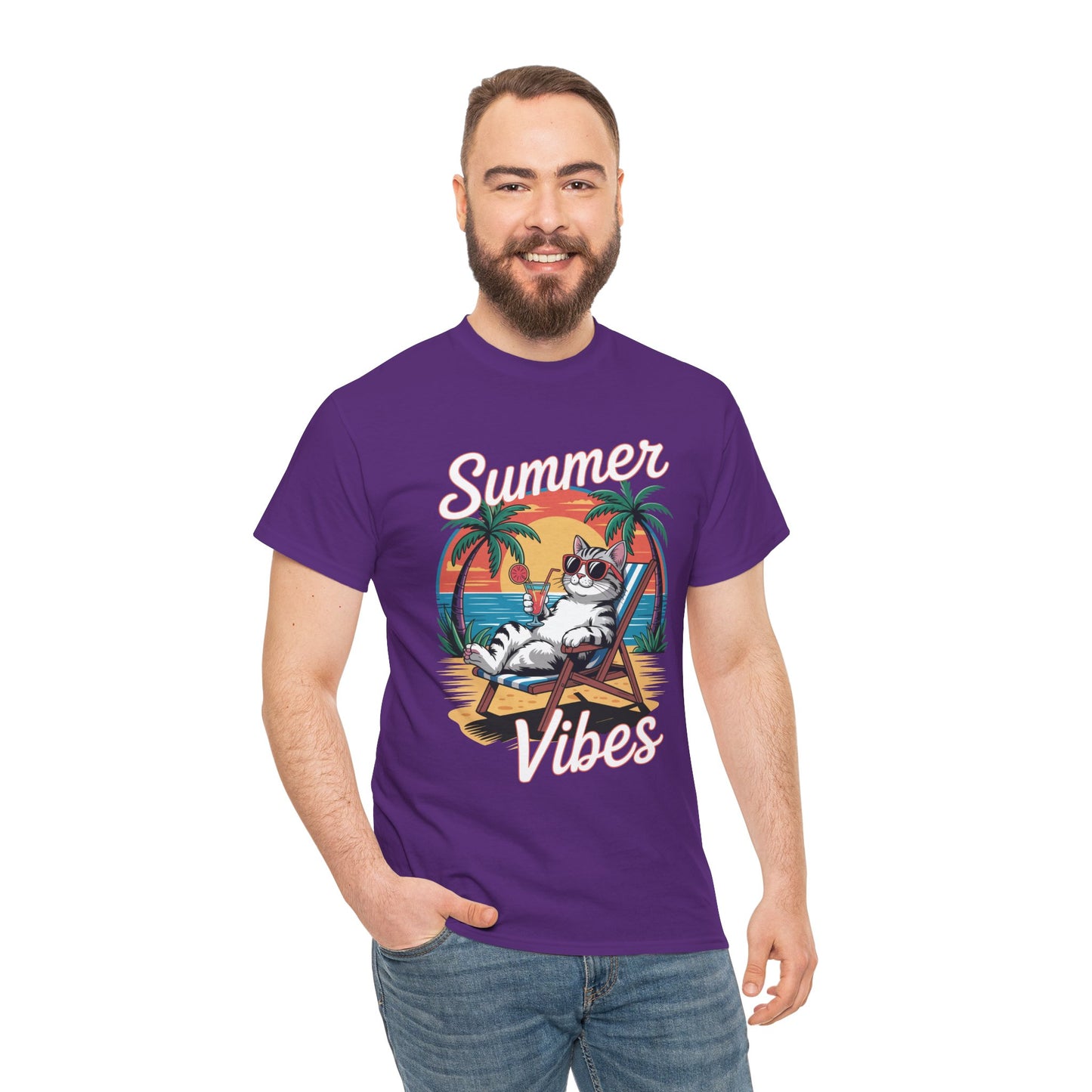 Summer Vibes Cat Graphic Unisex T-shirt for Beach Mood Style | TEEZOCA 