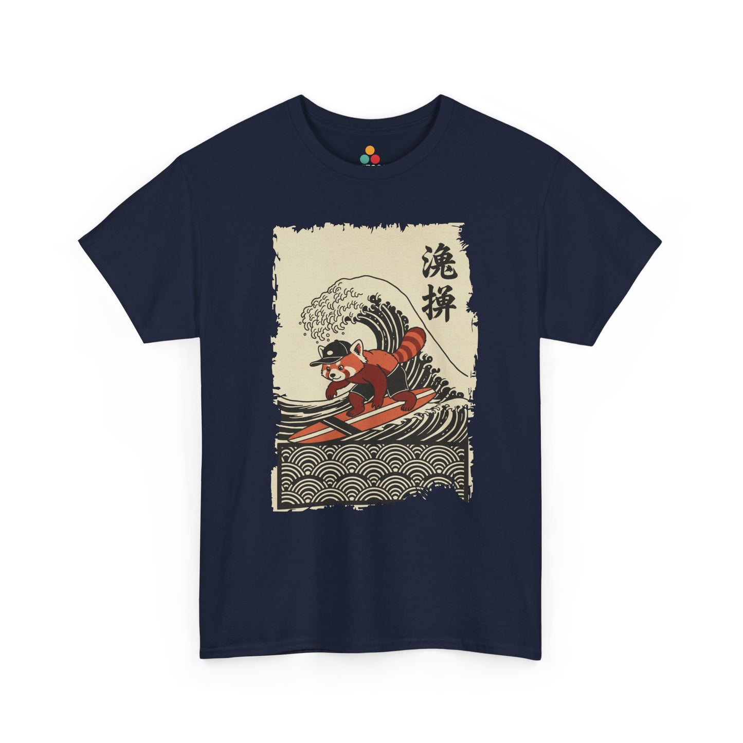 Surfing Red Panda graphic Navy Blue  tee shirt featuring a cute red panda surfing on a Japanese wave.​

